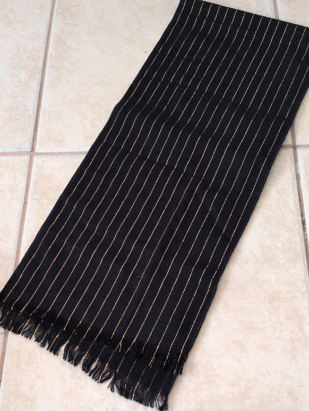 Vintage Black & Gold Striped Wool Scarf 11x56